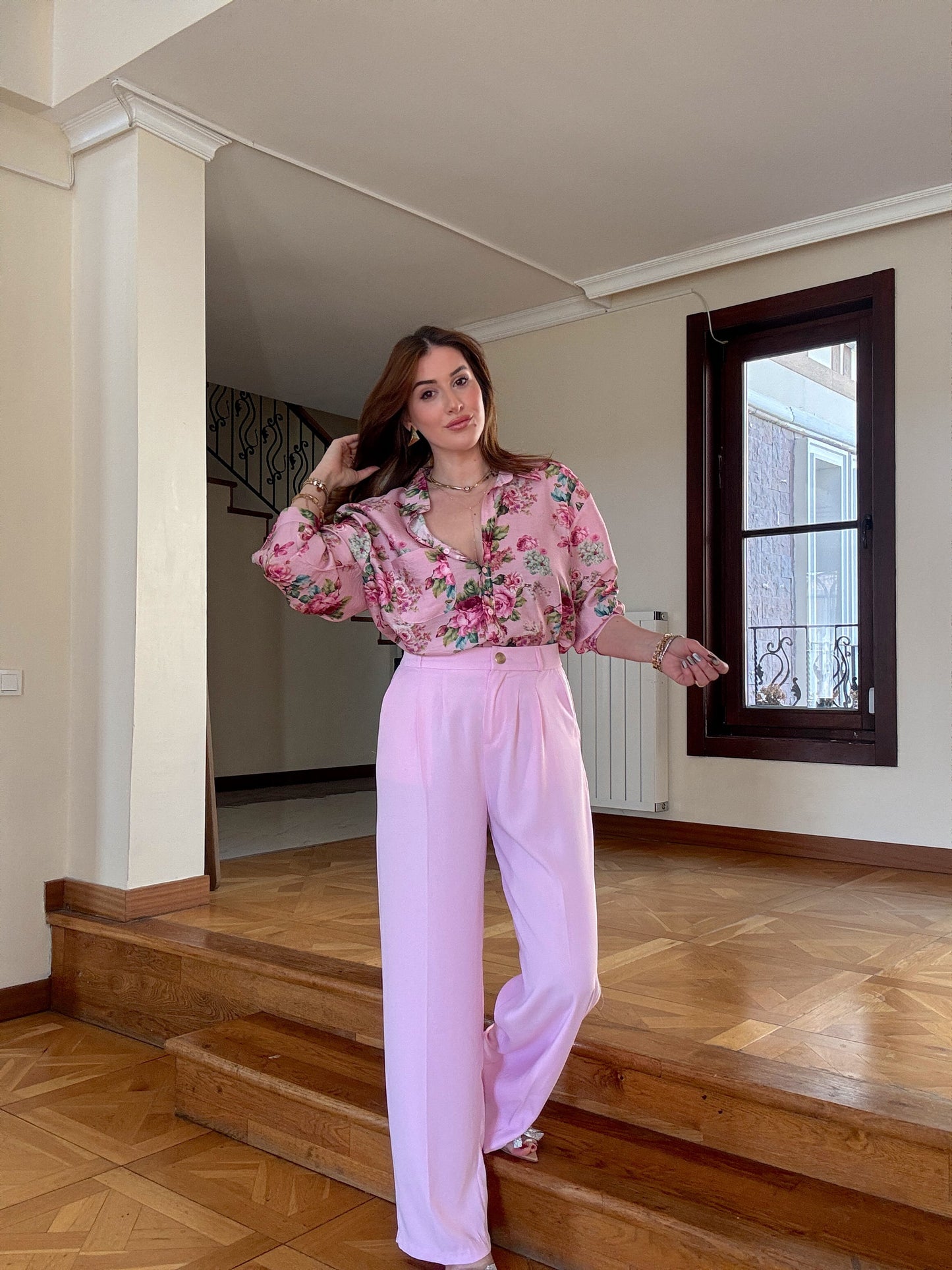 Gold Düğme Premium Palazzo Pantolon Pembe