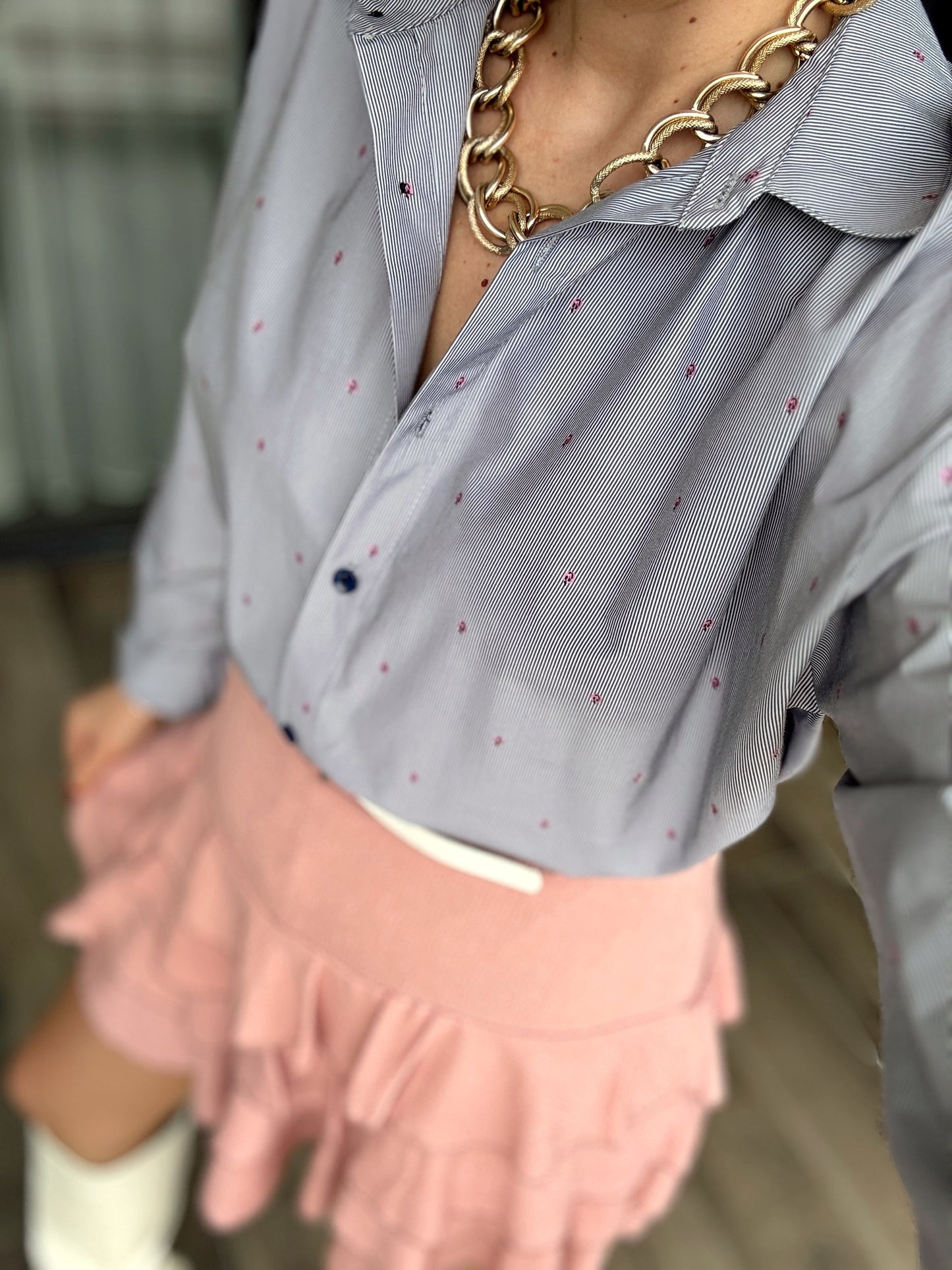 Cotton Çizgili Gömlek - GRİ