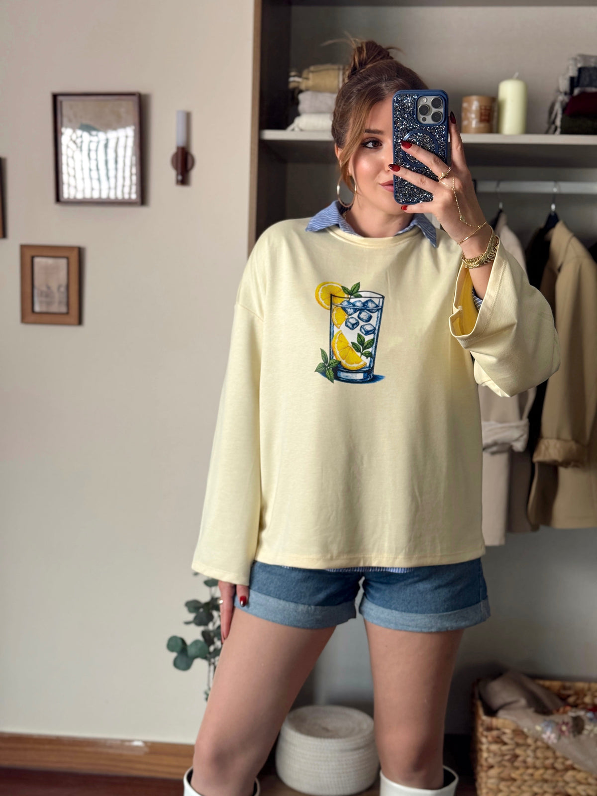 Limon buzlu bardak baskılı oversize modal sweat Sarı