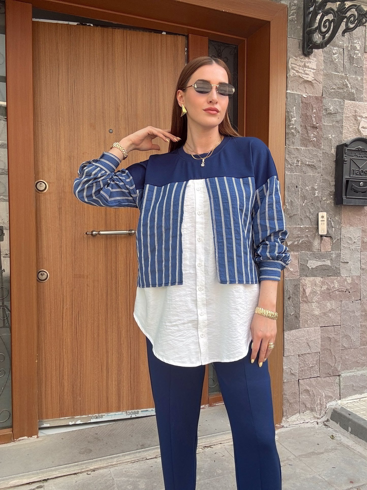 Çizgili gömlekli ikili takım LACİVERT