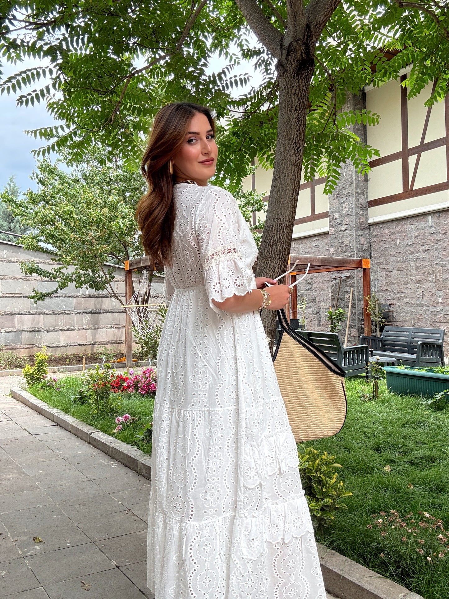 Juliet Kısa kol astarlı premium elbise Beyaz