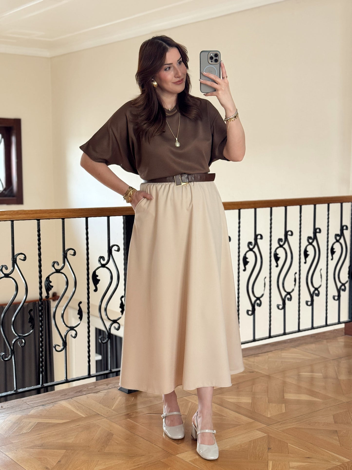 Double Yanı Cepli Etek-TAŞ