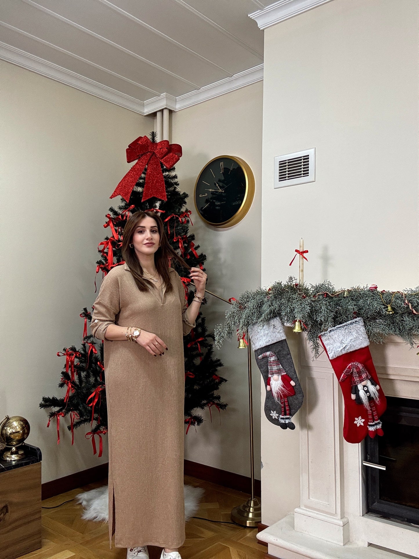 Polo yaka çift yıtmaç elbise-CAMEL