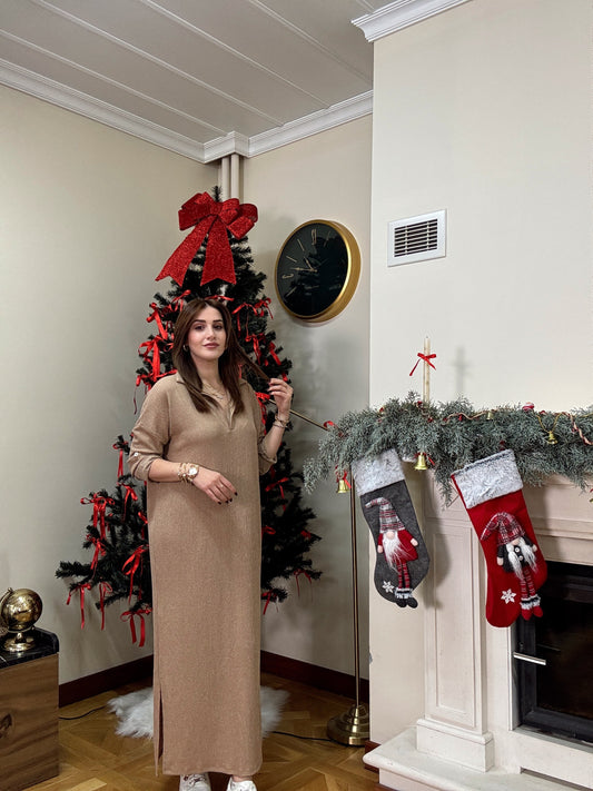 Polo yaka çift yıtmaç elbise-CAMEL