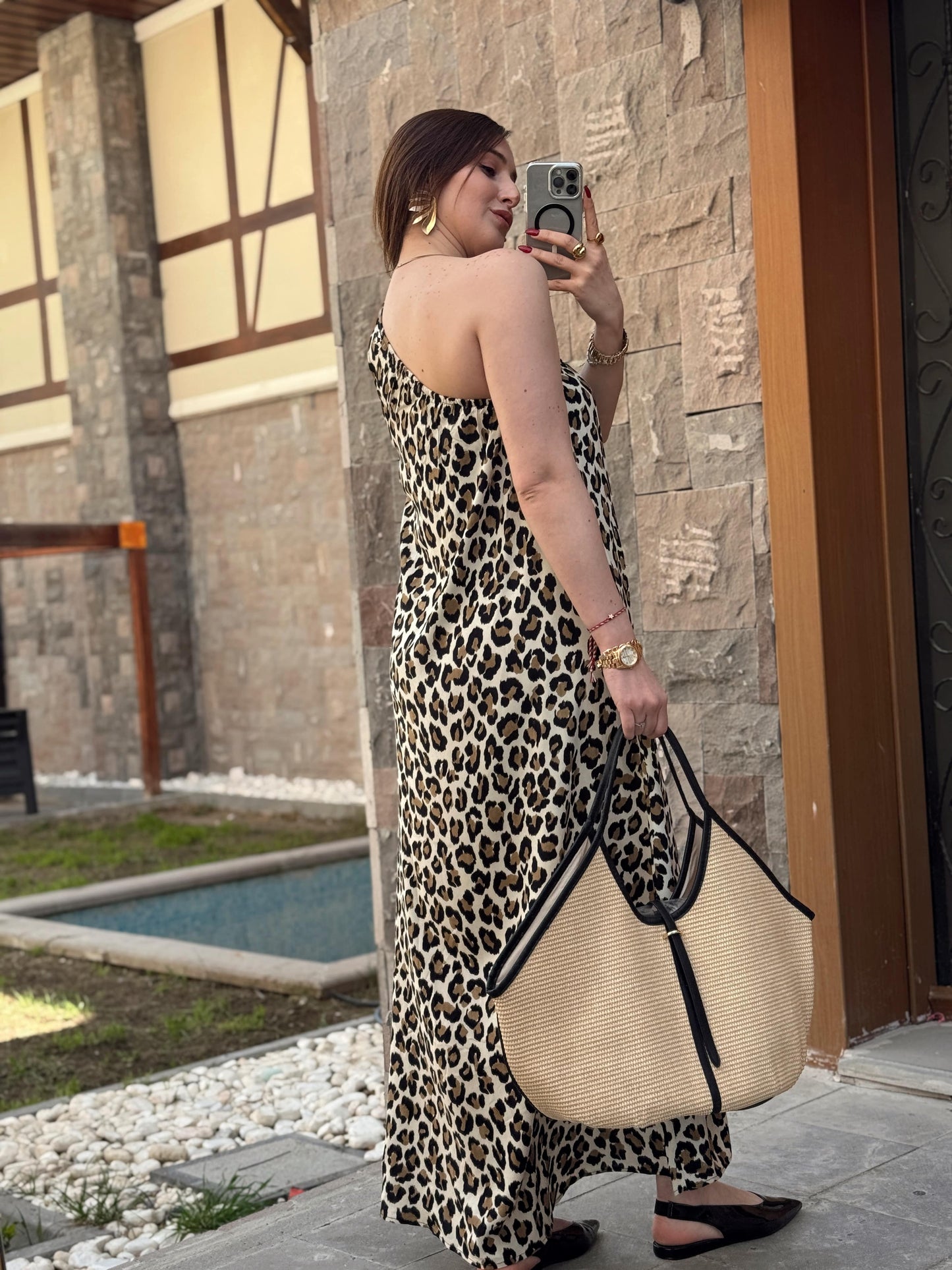 Tek omuz detay leopar desen elbise BEJ