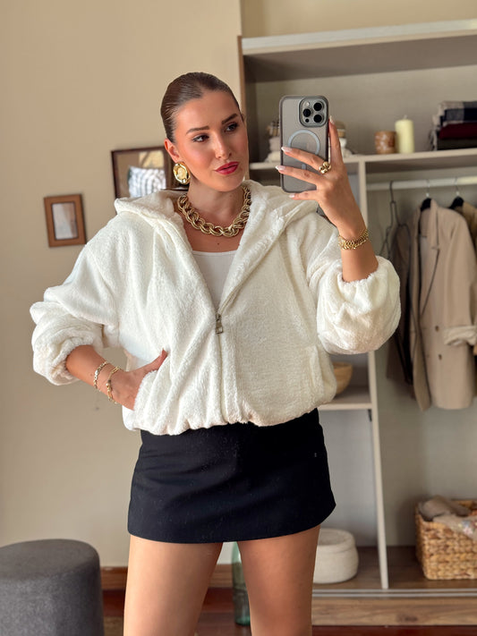 Kapüşonlu Fermuarlı Sakal kumaş Sweatshirt Beyaz