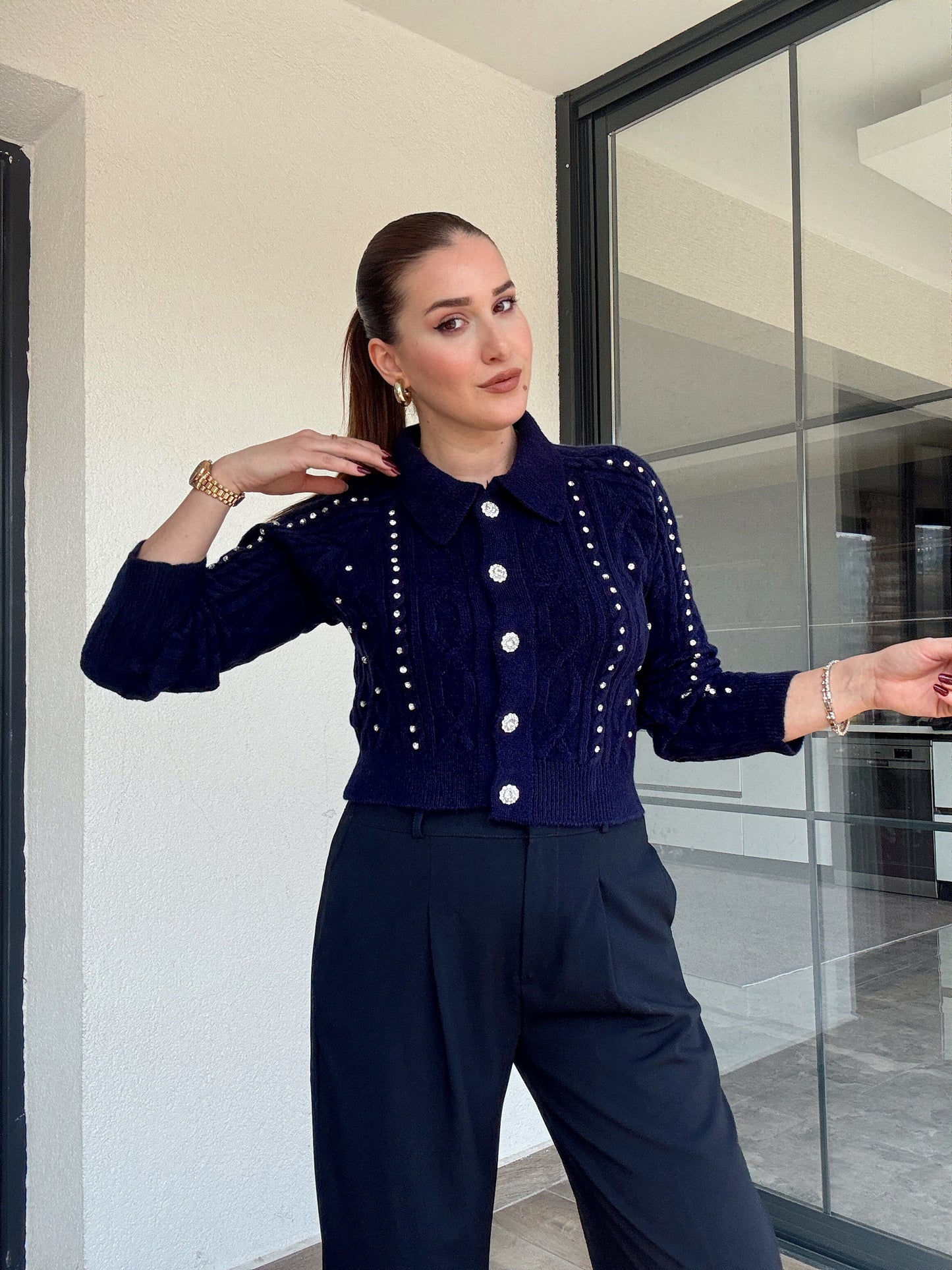 Örgü taşlı ceket-LACİVERT