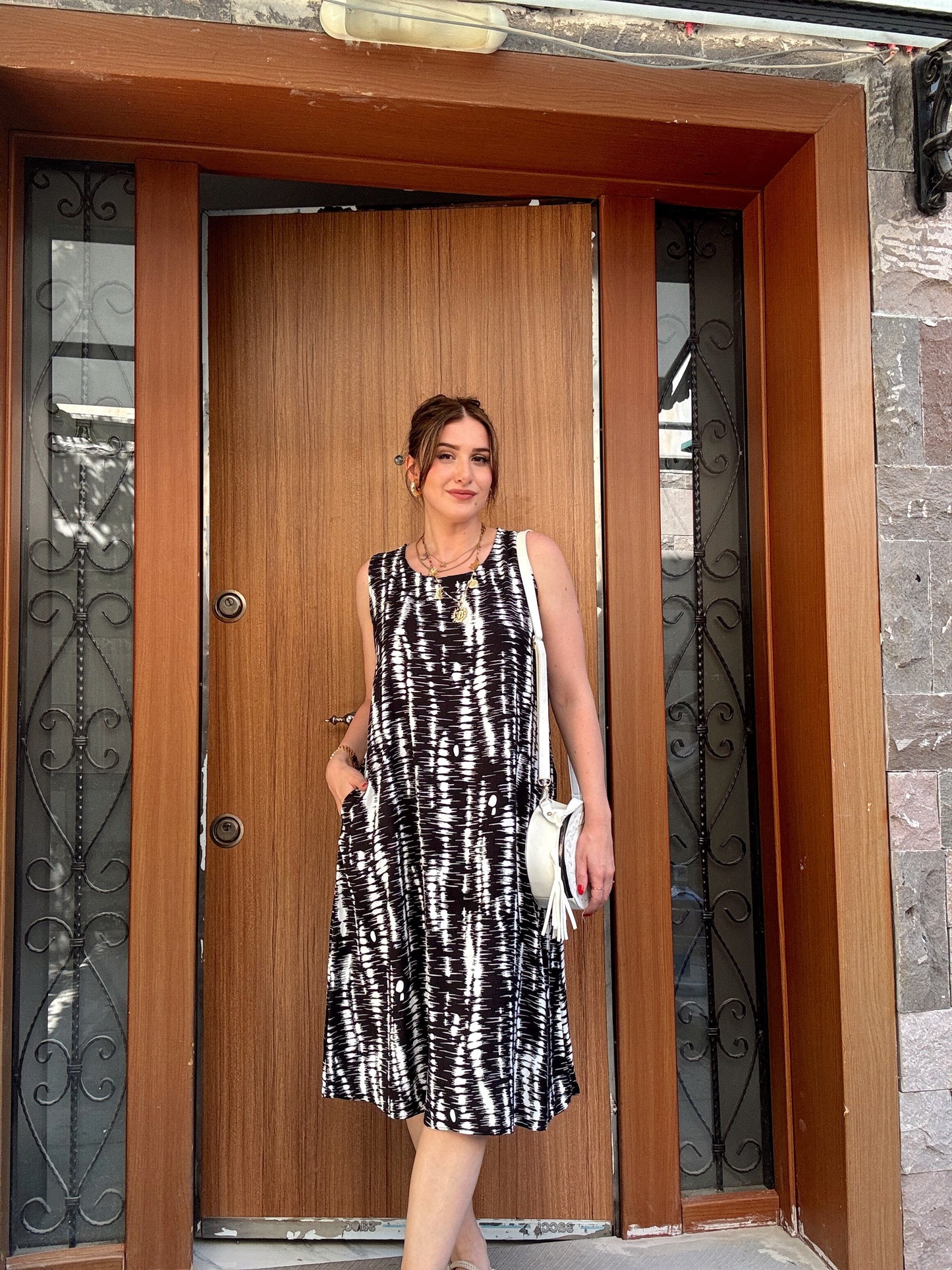 MORENA desenli cepli pamuklu elbise SİYAH