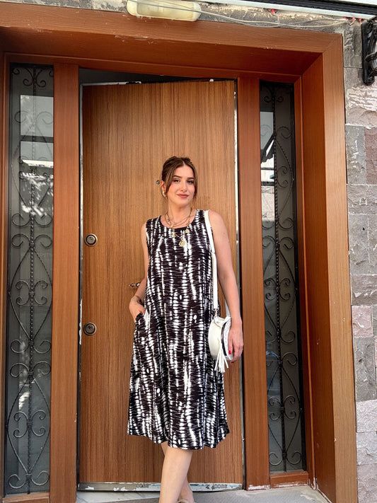 MORENA desenli cepli pamuklu elbise SİYAH