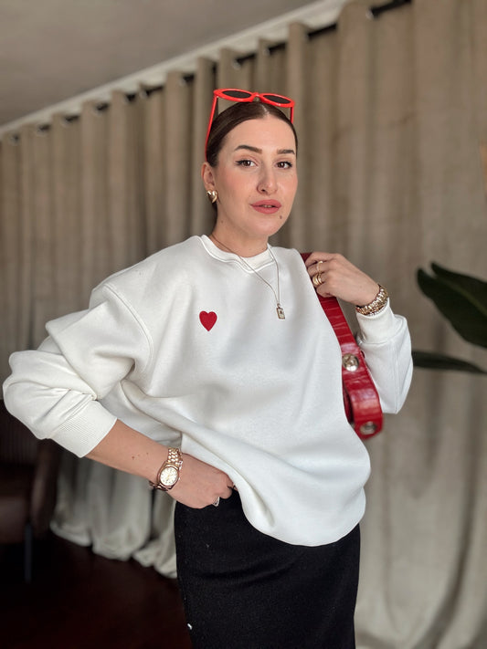 Kalp Nakış 3 İplik Şardonlu Sweatshirt - BEYAZ
