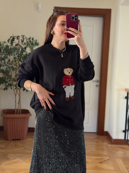 Oversize Ayıcık İşlemeli Kazak SİYAH