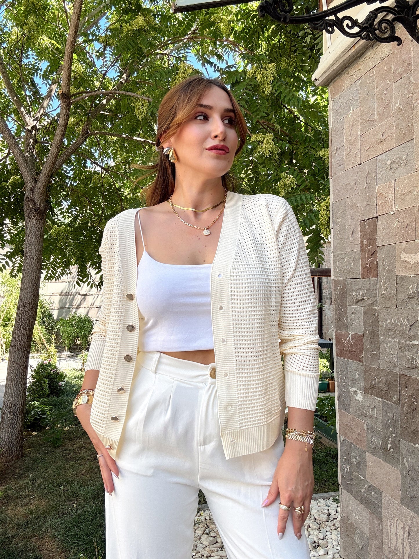 Delikli gold düğme merserize hırka BEJ