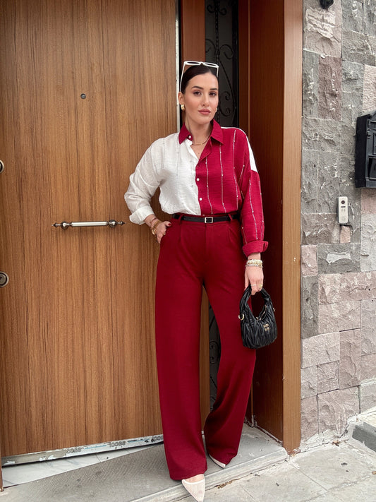 Kemerli likralı palazzo pantolon BORDO
