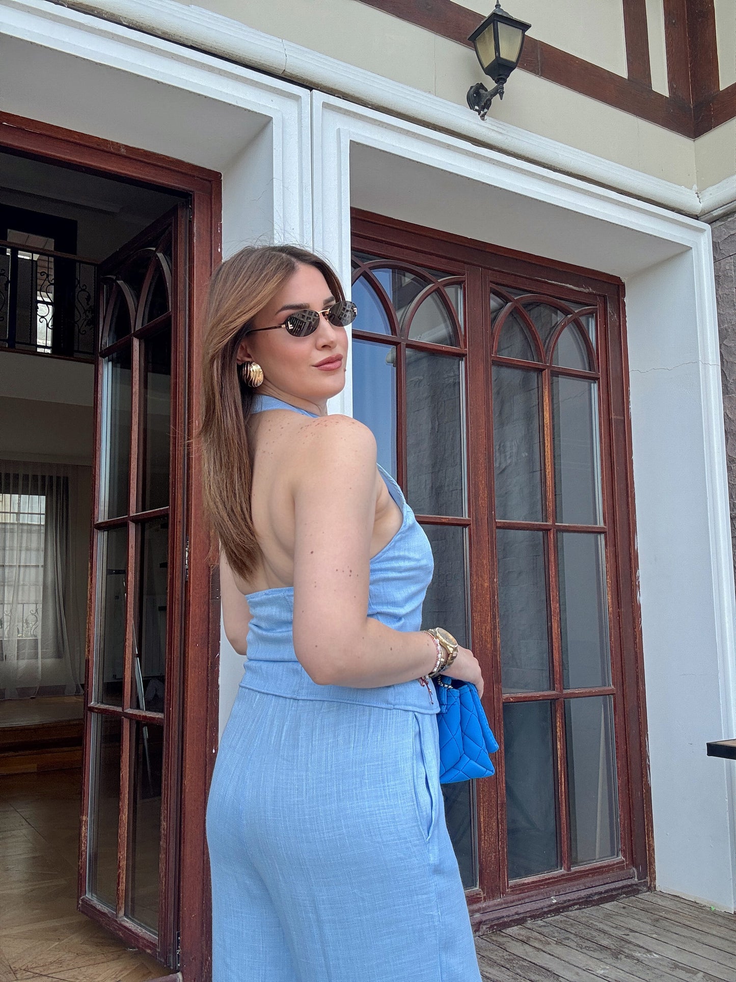 Boyun bağlama Keten takım Mavi