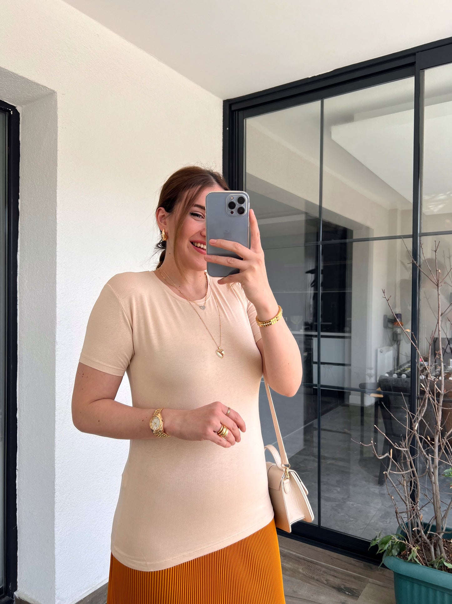 Kısa Kol Viskon Tshirt BEJ