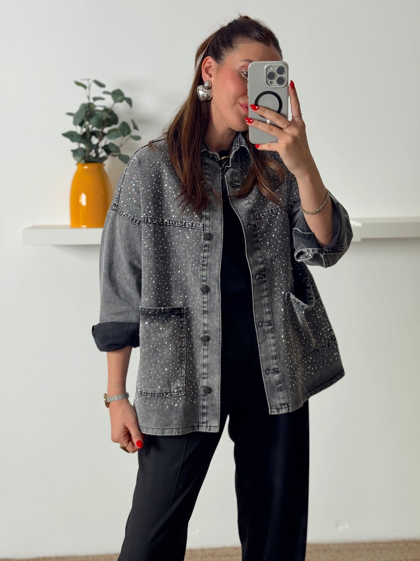 Cepli Taşlı oversize jean ceket Füme