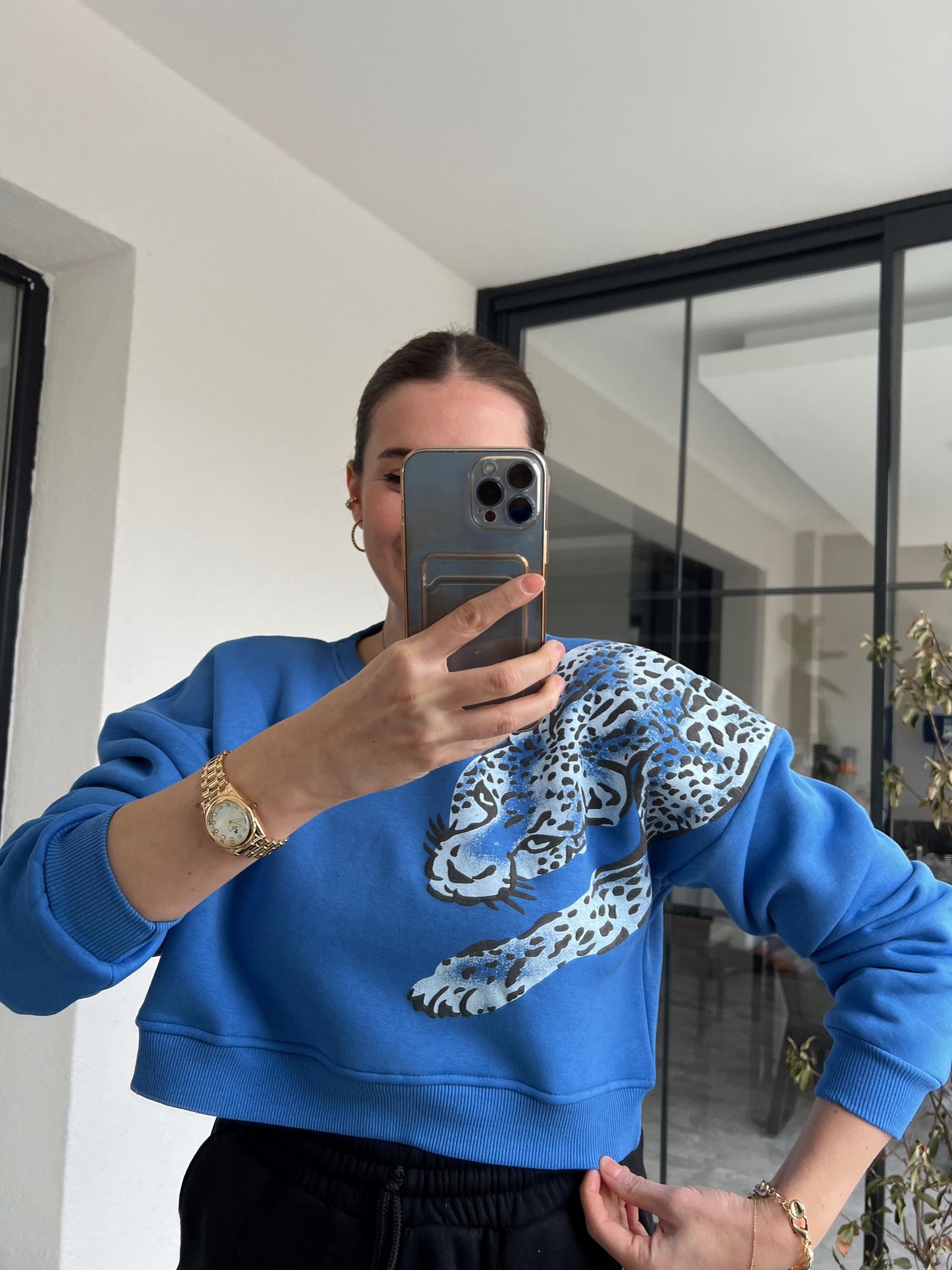 Leopar Baskı Crop Sweat KLS344 MAVİ