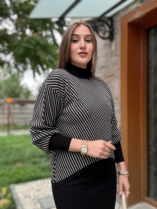 Yatay Çizgili Pikeli Jileli Takım - SİYAH