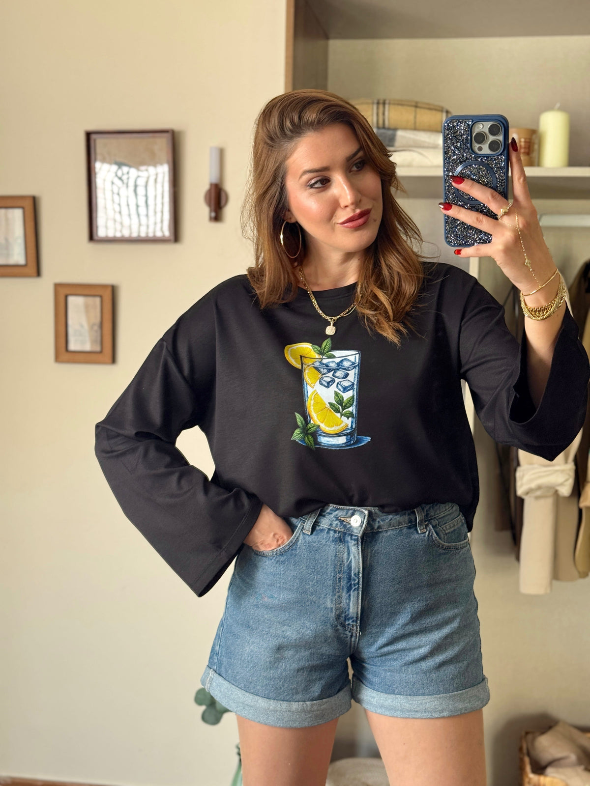 Limon buzlu bardak baskılı oversize modal sweat Siyah