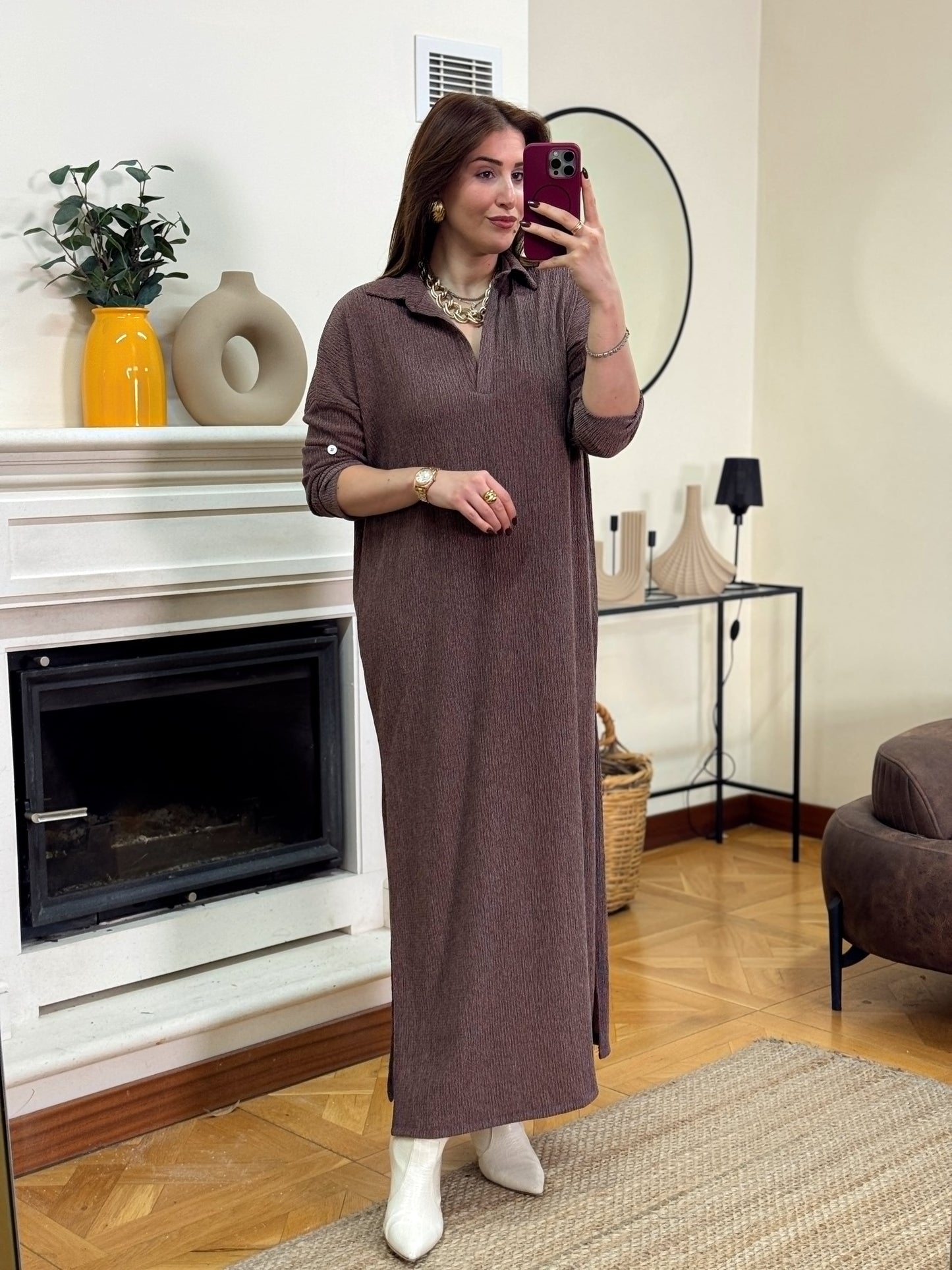 Polo yaka çift yıtmaç elbise-KAHVERENGİ