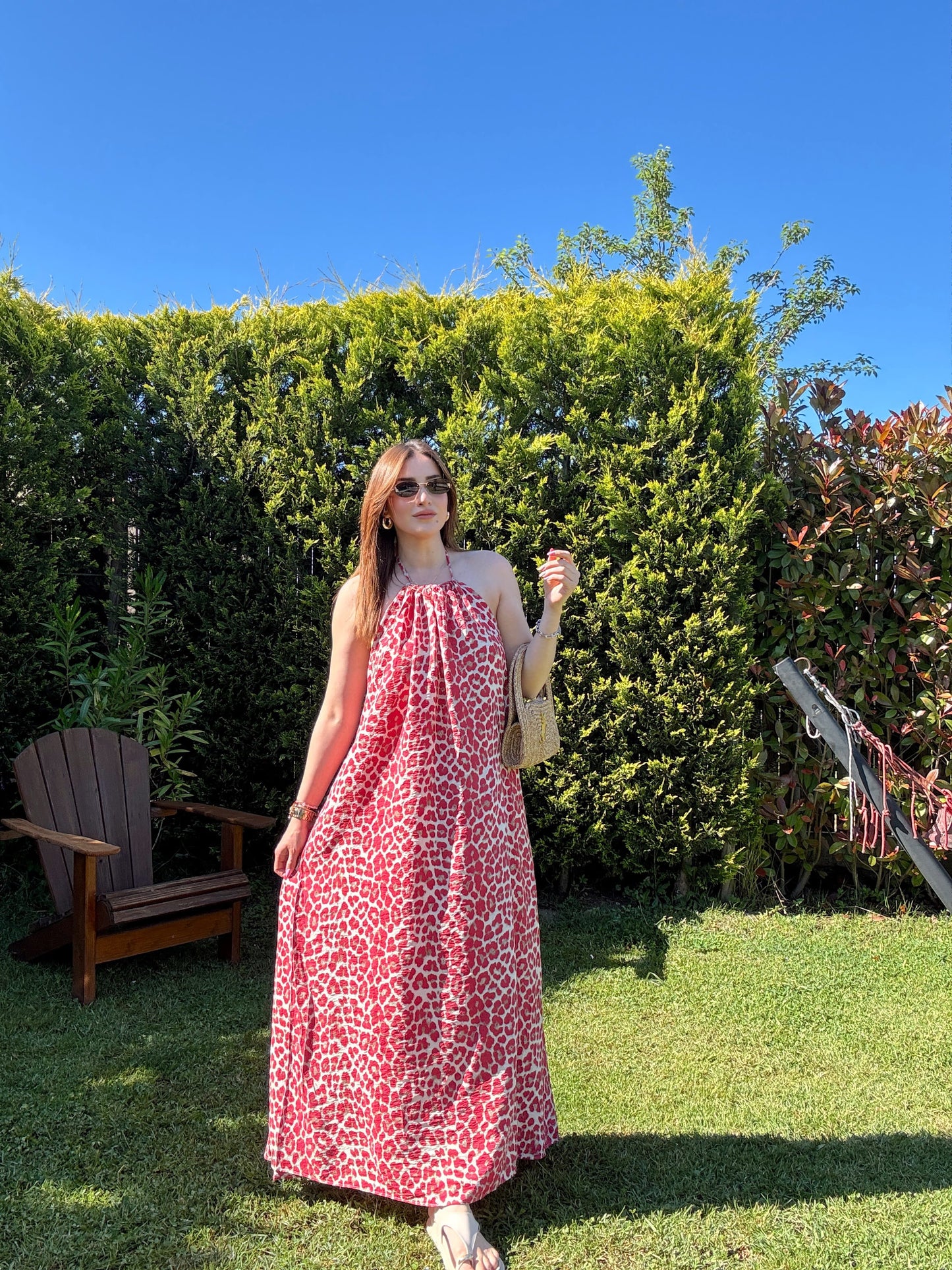 Boyun bağlama Leopar Elbise Kırmızı
