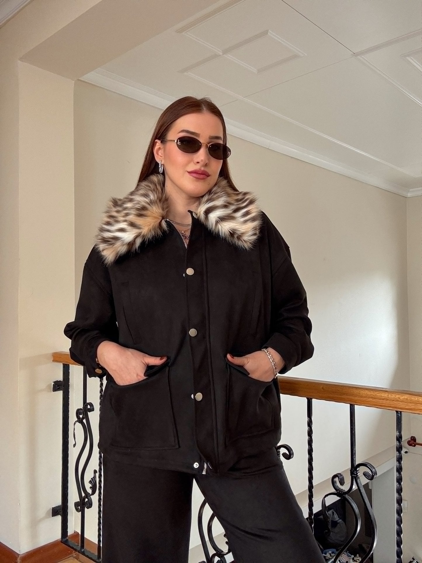 LEOPAR yaka süet ikili takım SİYAH