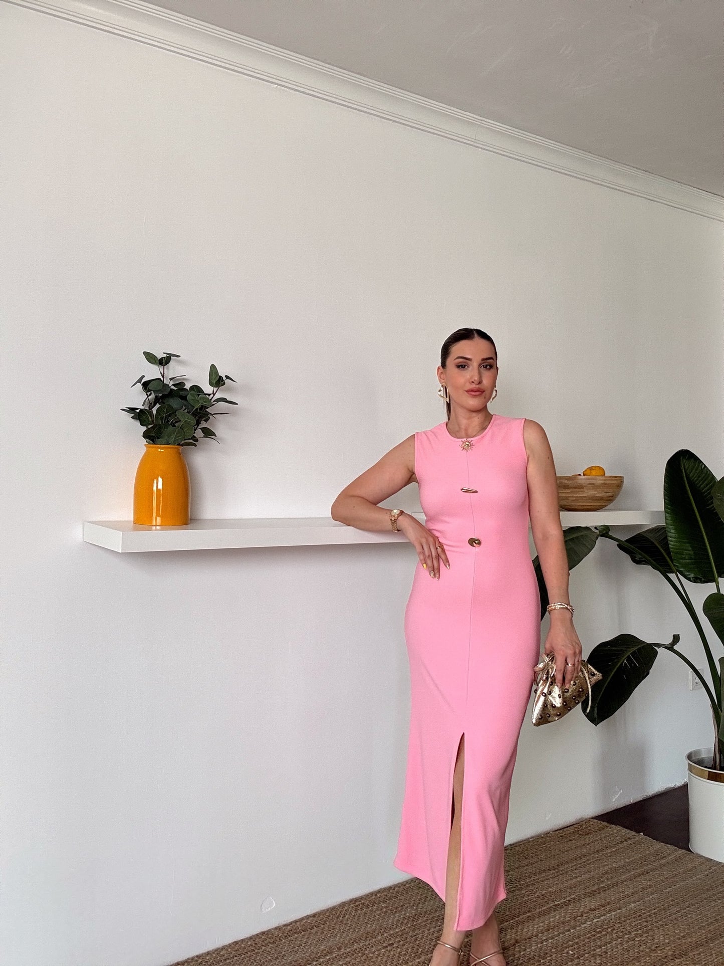 Ottoman sıfır kol düğmeli elbise Pembe