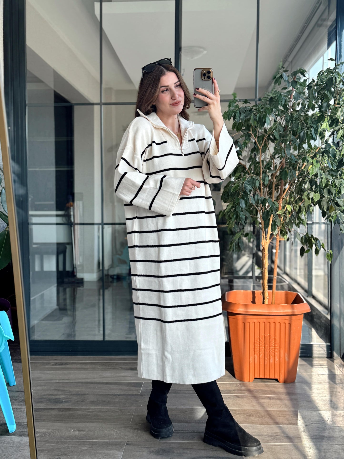 Fermuarlı Çizgili Triko Elbise LATTE