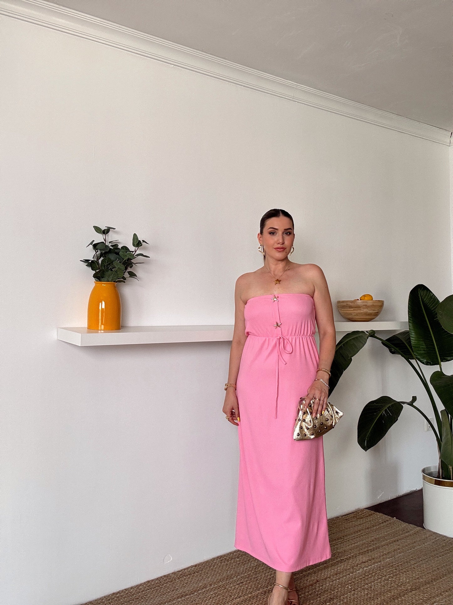 Straplez gold düğme detaylı fitilli elbise PEMBE
