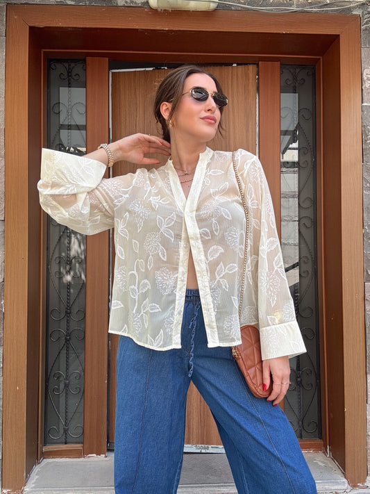 Yaprak detaylı transparan gömlek SARI