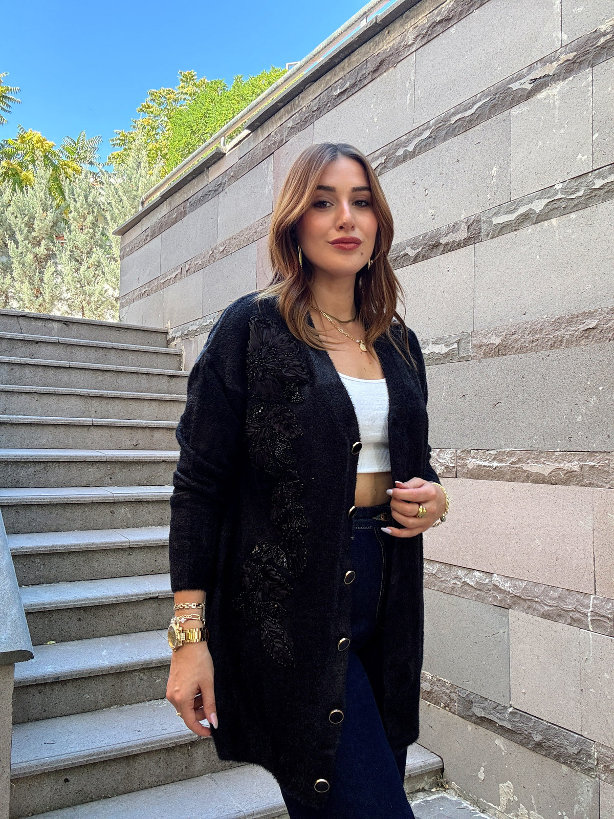 Çiçek desenli sakal kumaş hırka Siyah