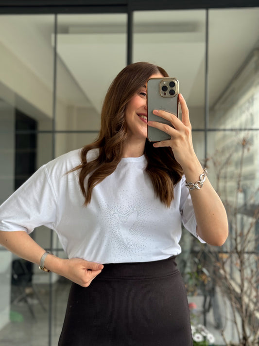 BYMN Kuş Baskı Detay Pamuk Tişört - BEYAZ