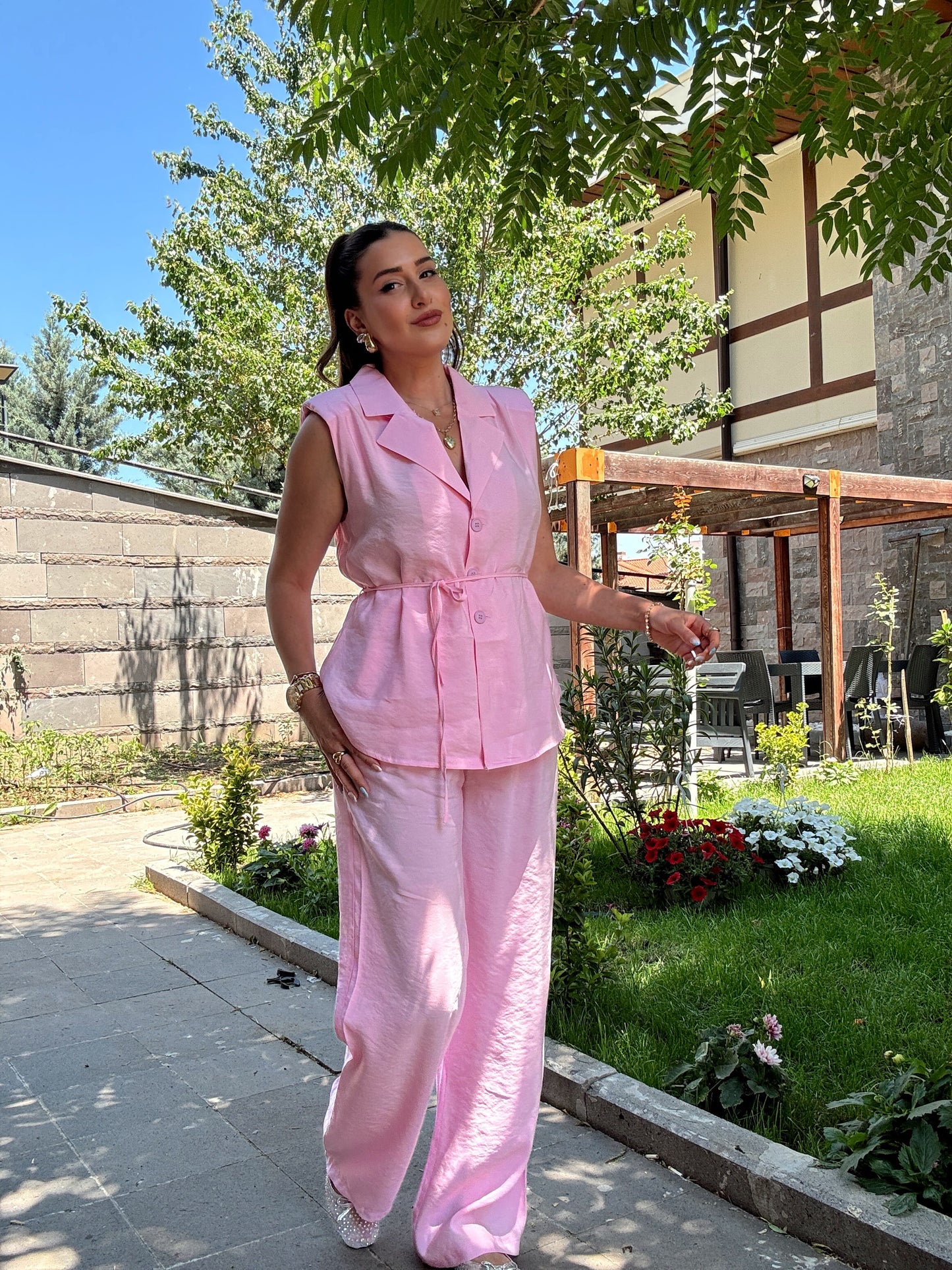BRUCE tensel kumaş kemerli takım PEMBE