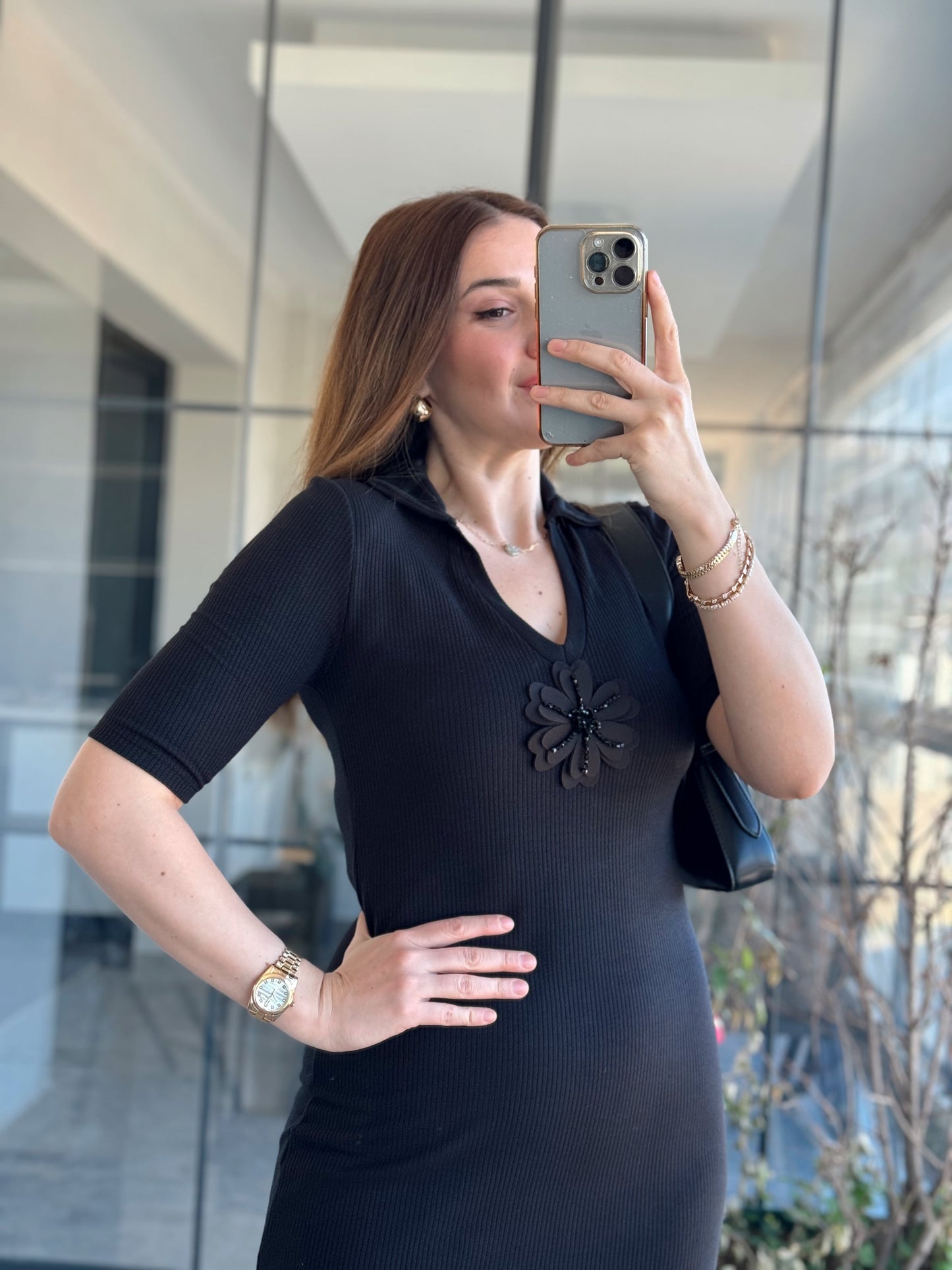 Çiçek Detay Polo Yaka Kaşkorse ELbise SİYAH
