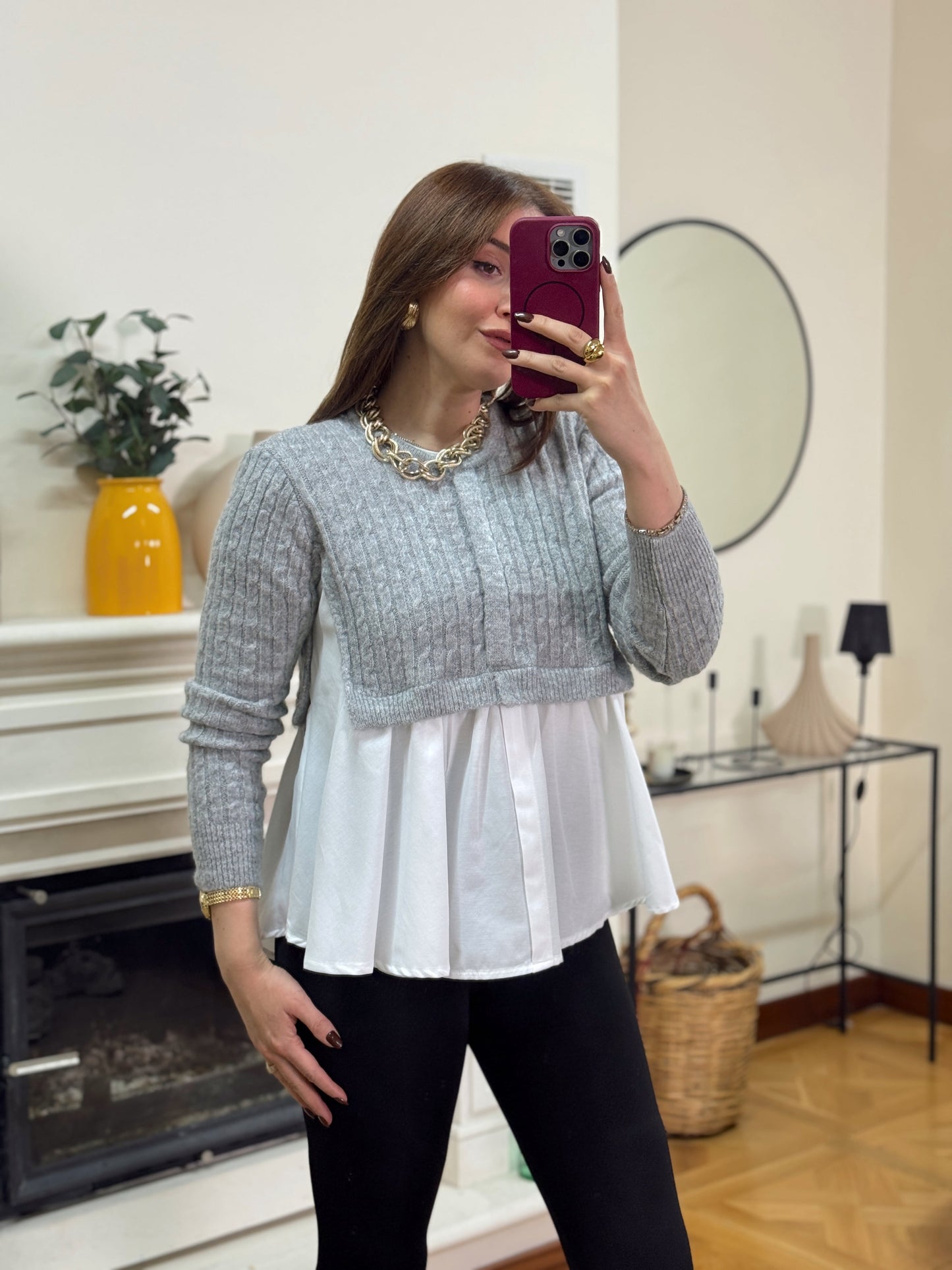 Poplin gömlek garnili triko kazak -GRİ