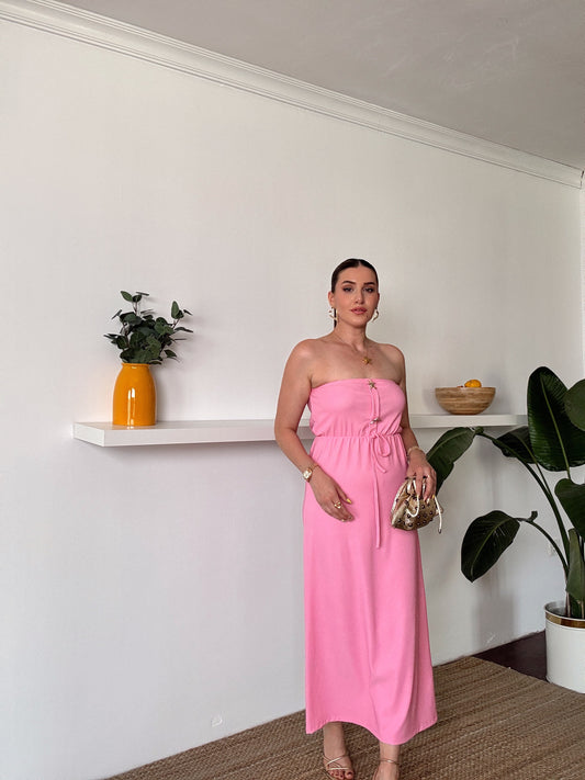 Straplez gold düğme detaylı fitilli elbise PEMBE