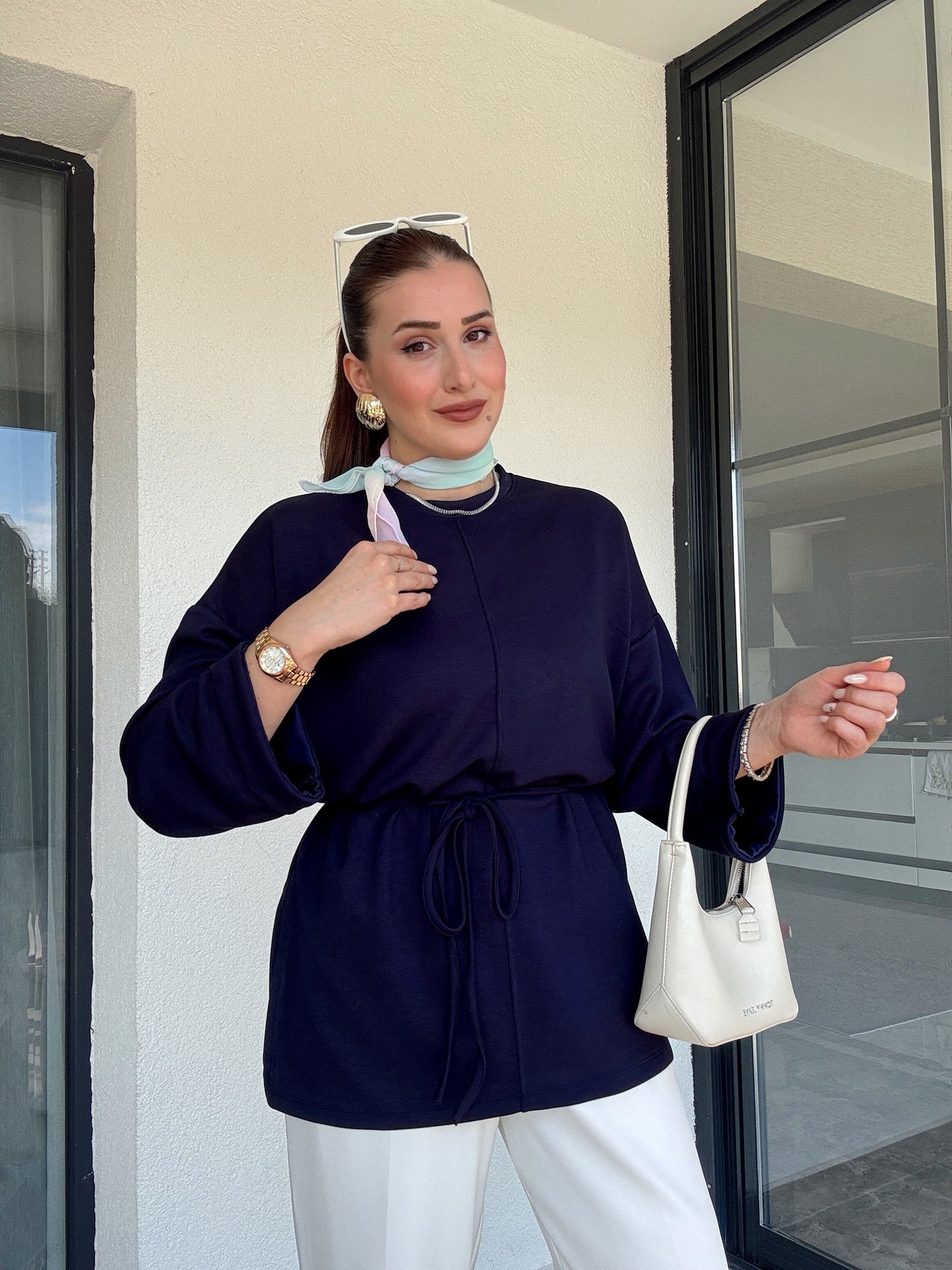 Modal kumaş duble kol tunik-LACİVERT