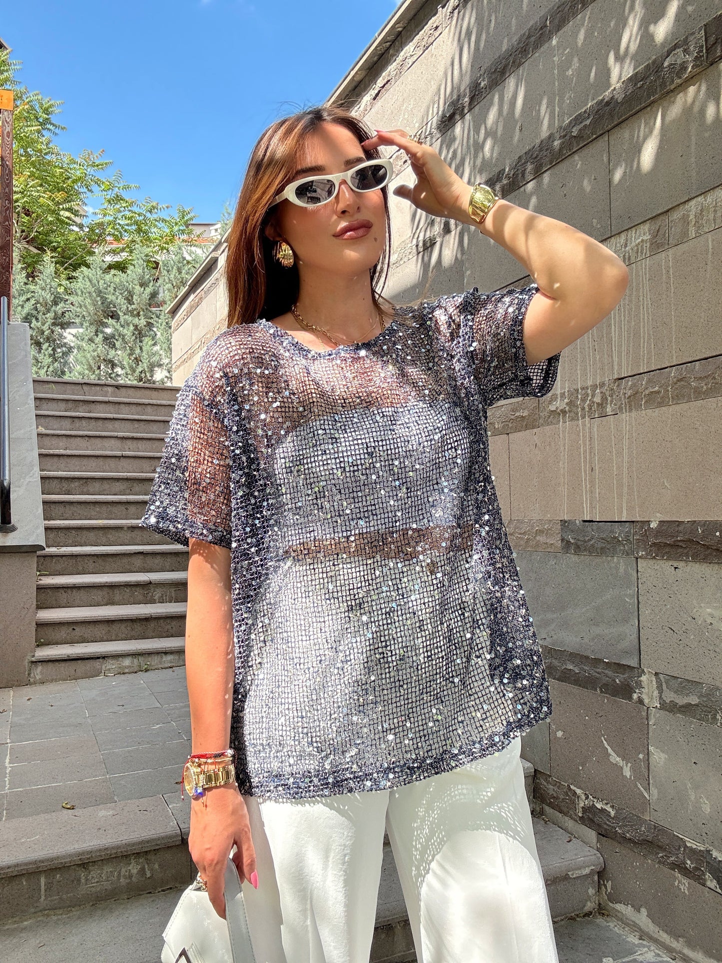 Premium pullu kumaş bluz Lacivert