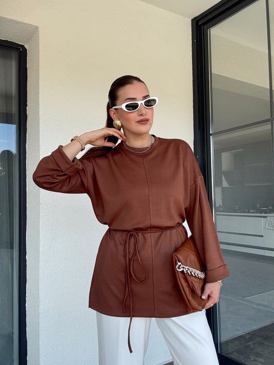 Modal kumaş duble kol tunik-KAHVERENGİ