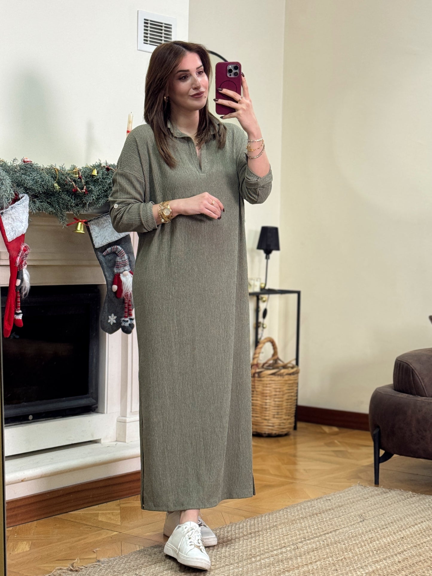 Polo yaka çift yıtmaç elbise-HAKİ