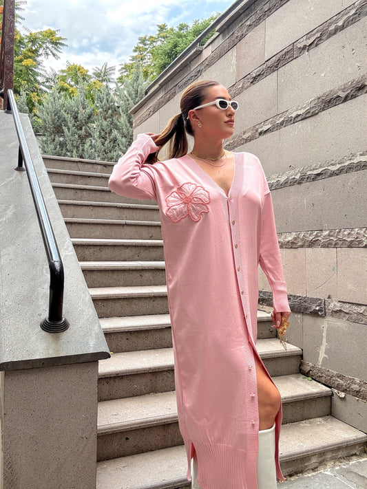 Maxi boy çiçek desenli uzun hırka Pembe