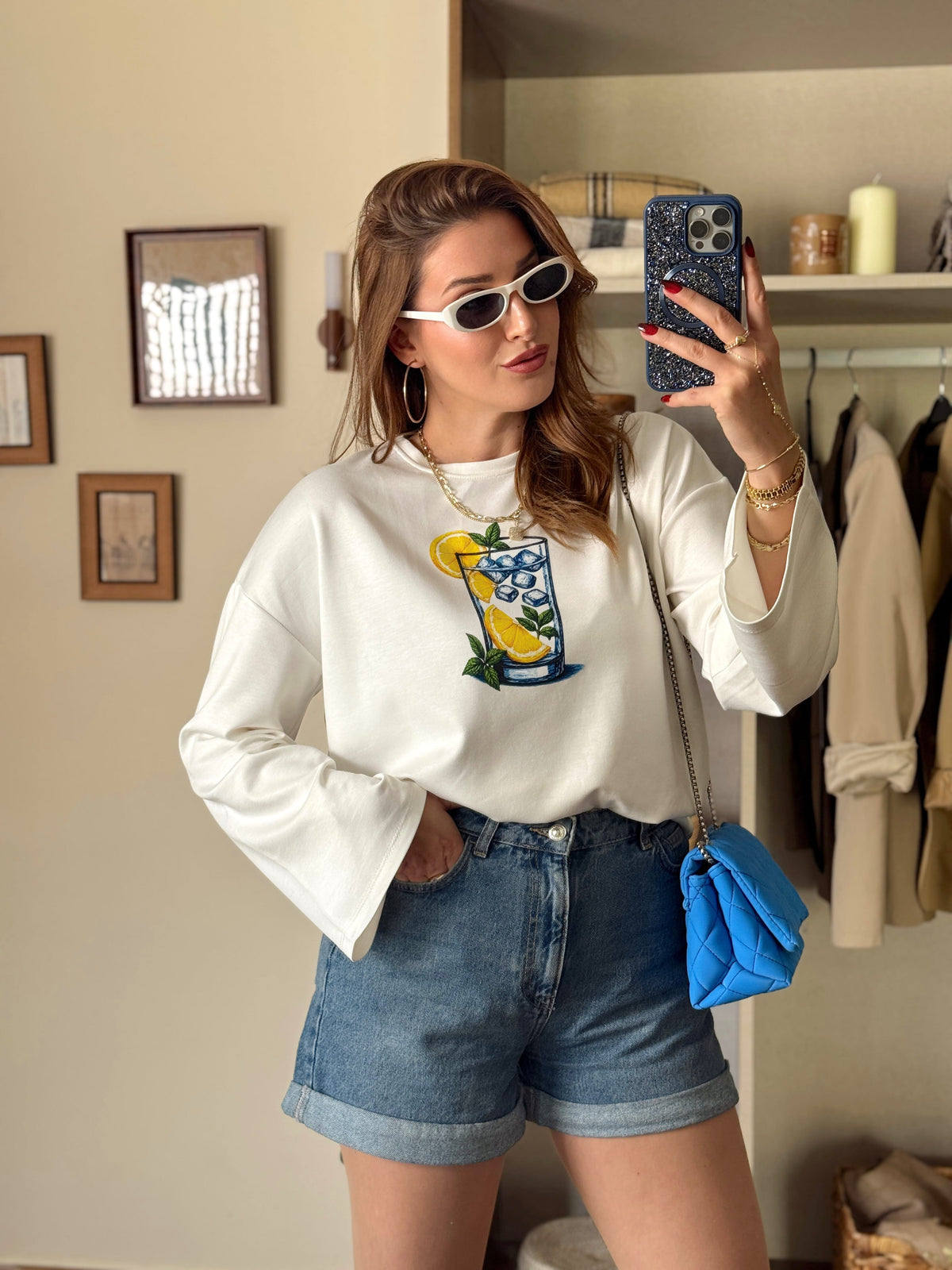Limon buzlu bardak baskılı oversize modal sweat Beyaz