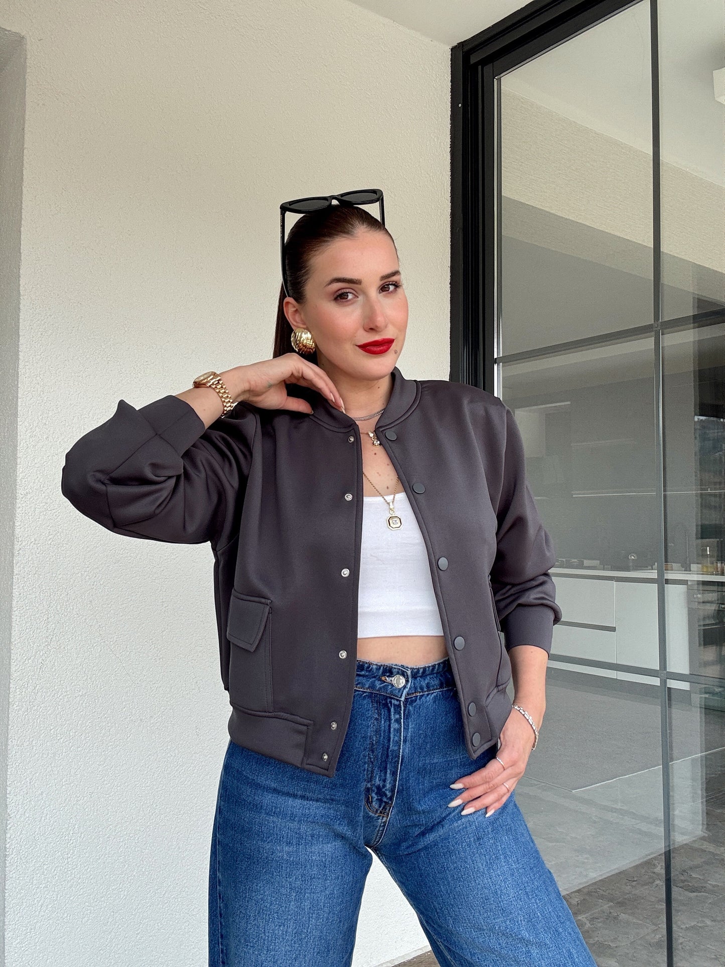 Scuba kumaş astarlı bomber ceket ANTRASİT