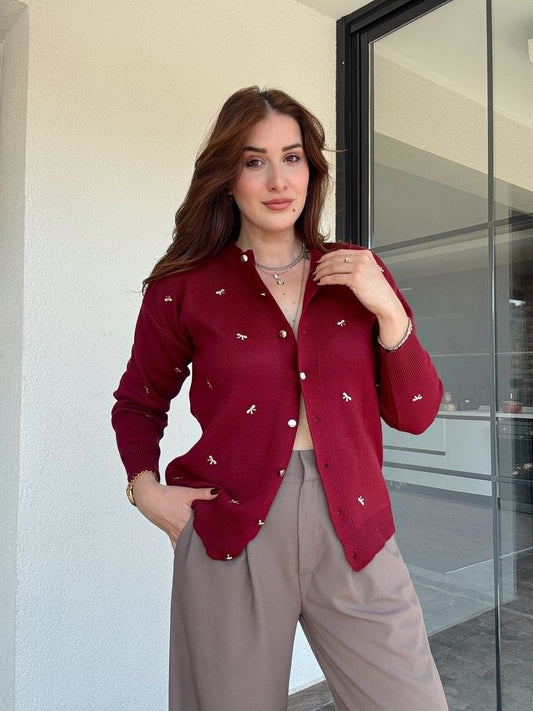 Kurdele nakış işlemeli hırka BORDO