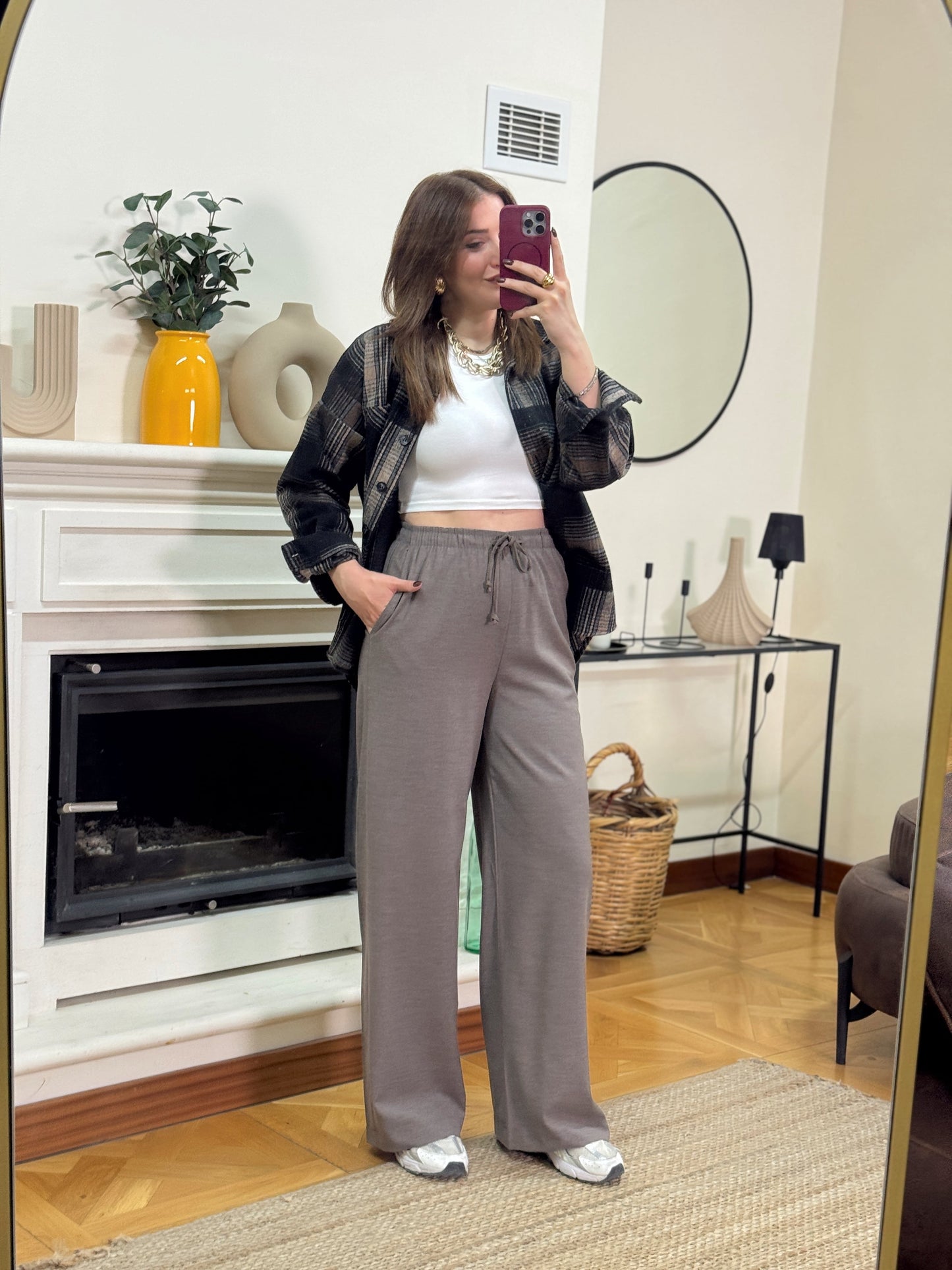 Bağcıklı palazzo pantolon-VİZON