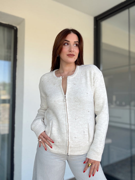 Fermuarlı Taşlı Triko Ceket Taş