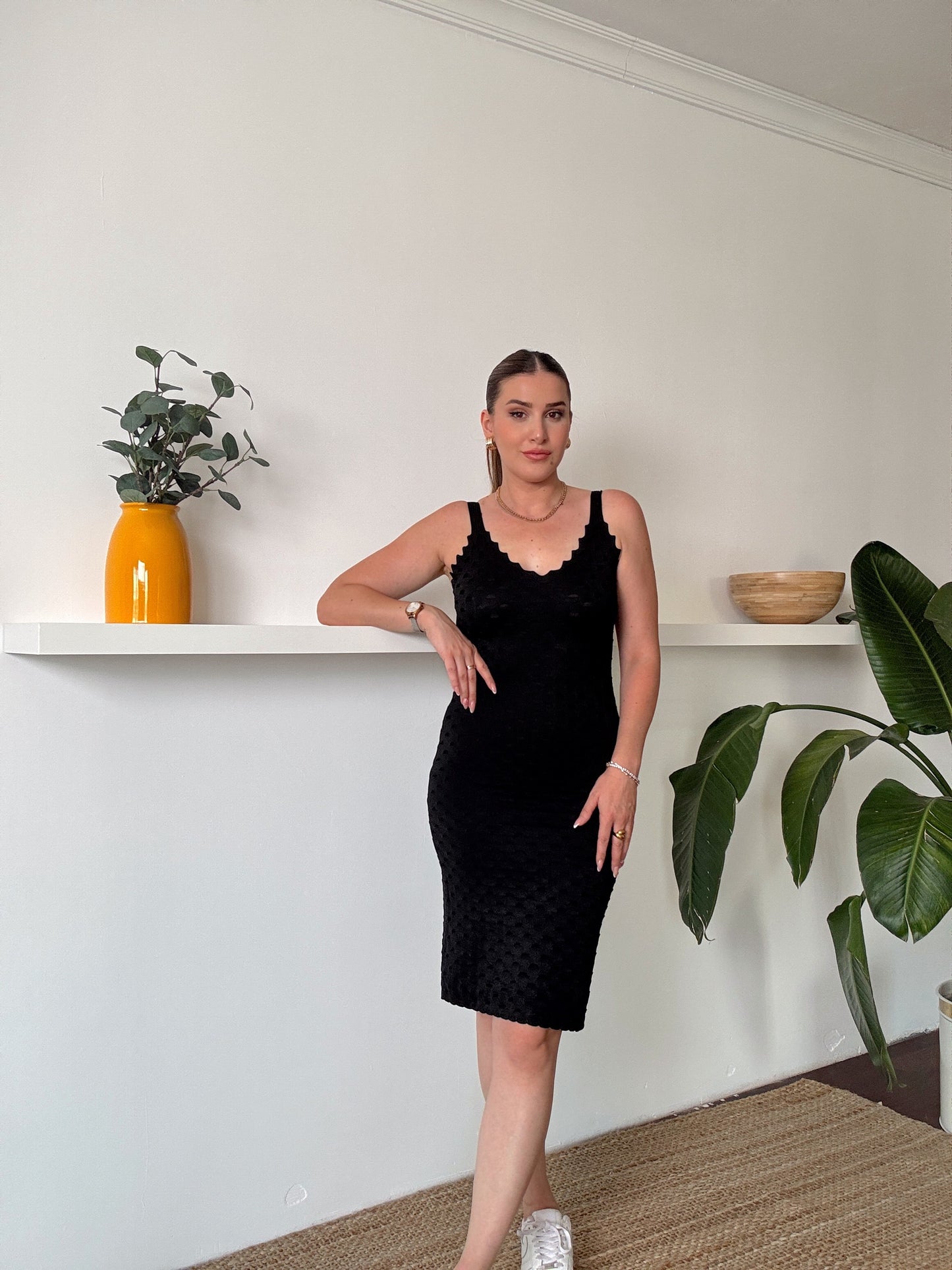 Petek desen triko elbise SİYAH