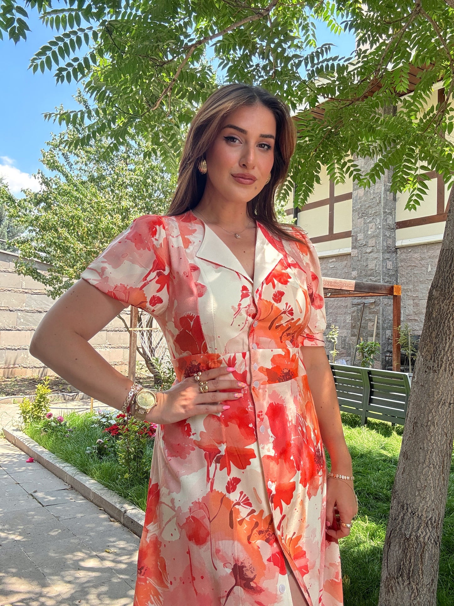 Çiçek desenli elbise Turuncu
