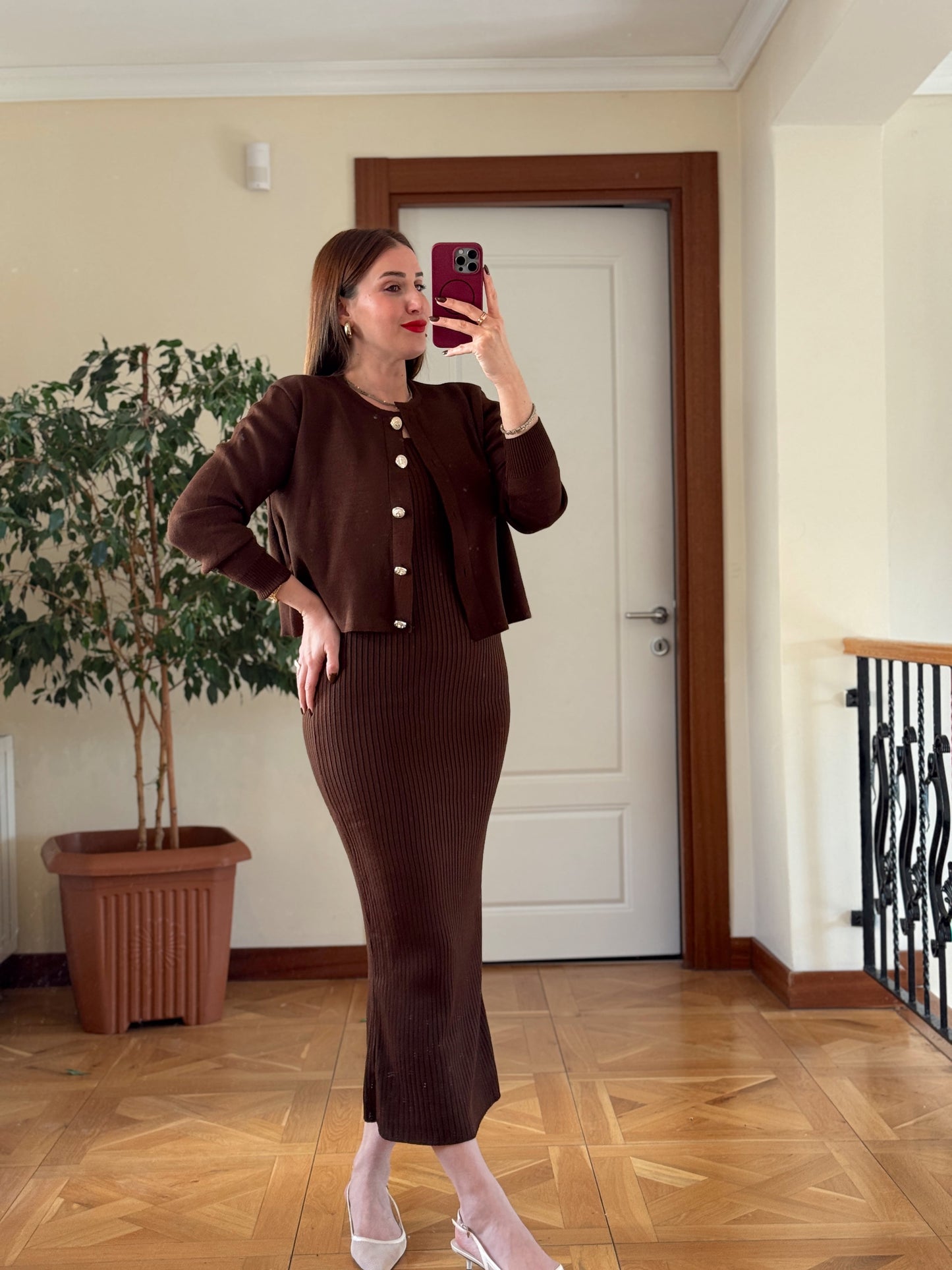 Ceketli Elbiseli Triko Takım - KAHVERENGİ