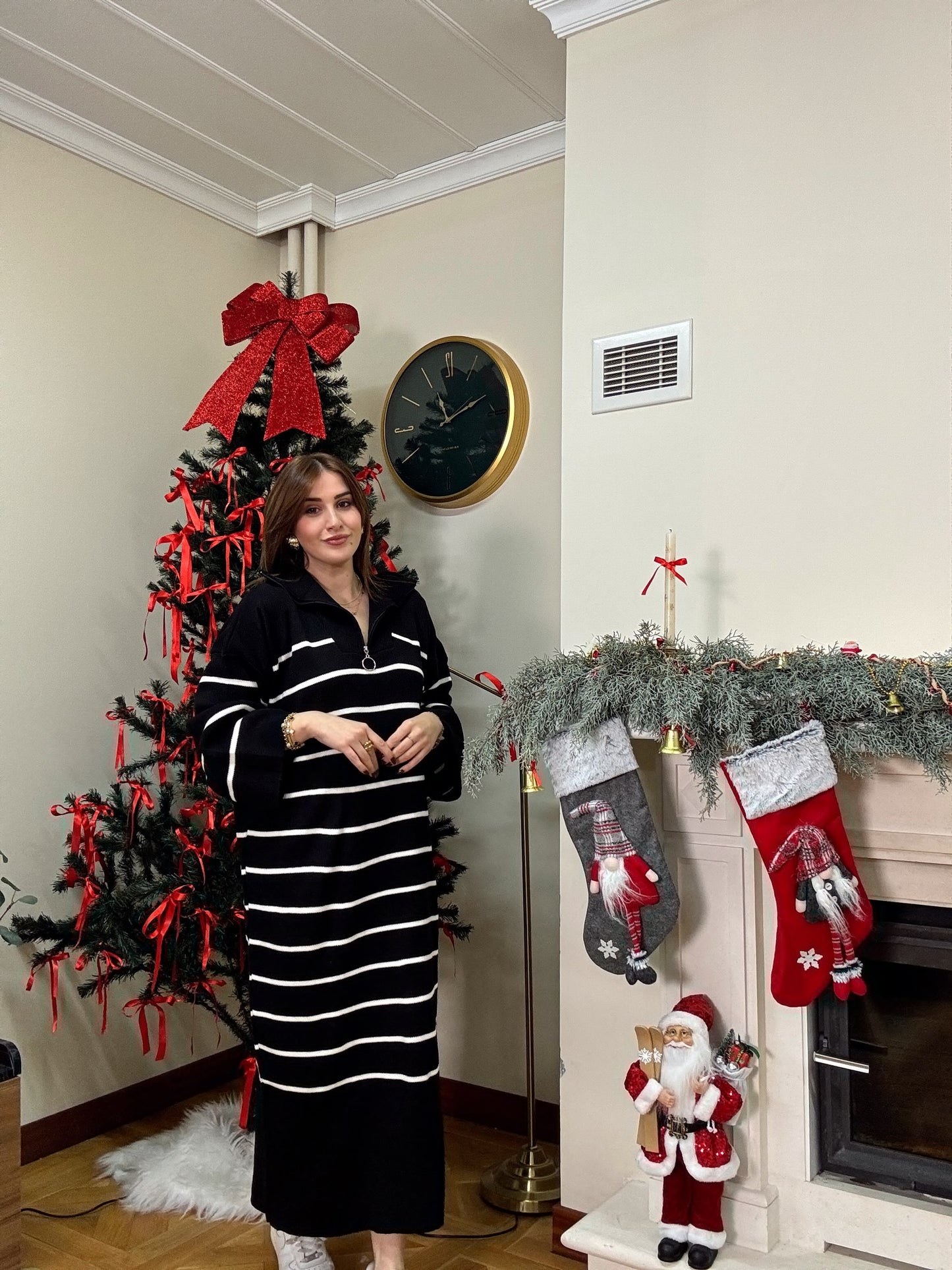 Fermuarlı çizgili triko elbise-SİYAH